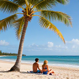 Caribbean Holidays, Jamaica December Holidays, Couple relaxing on a Jamaican beach beneath palm trees, clear blue sea and golden December sunshine
