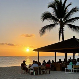 Caribbean Holidays, Jamaica December Holidays, Jamaican beach sunset with guests dining at a relaxed seaside restaurant, warm evening light and palm silhouettes