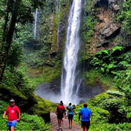 Caribbean Holidays, Jamaica December Holidays, Visitors walking through a green Jamaican rainforest beside a tumbling waterfall