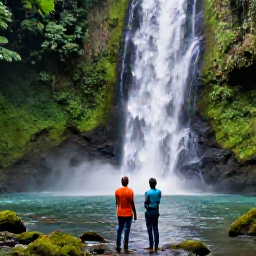Caribbean Holidays, Jamaica December Luxury, Couple exploring lush Jamaican waterfall and tropical rainforest with a local guide, vivid green scenery
