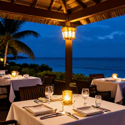 Caribbean Holidays, Jamaica December Luxury, Elegant Jamaican resort restaurant serving Caribbean cuisine at night, warm lantern light and ocean view