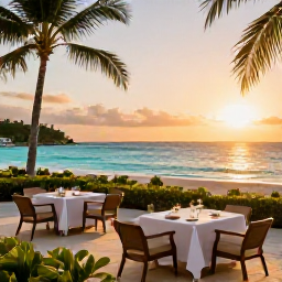 Caribbean Holidays, Jamaica December Luxury, Luxury beachfront resort in Jamaica at sunset, palm trees, calm turquoise sea and elegant outdoor dining