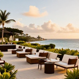 Caribbean Holidays, Jamaica December Luxury, Luxury Jamaican hotel terrace overlooking the Caribbean Sea at golden hour, elegant seating and tropical gardens