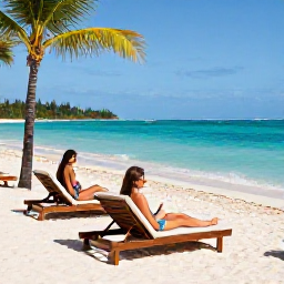 Caribbean Holidays, Jamaica December Luxury, Quiet Jamaican beach with sun loungers, soft white sand, clear Caribbean water and a couple enjoying a peaceful morning