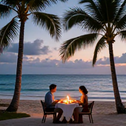Caribbean Holidays, Jamaica December, Romantic candlelit dinner for two on a Jamaican beach at twilight, with palm trees and the Caribbean Sea behind