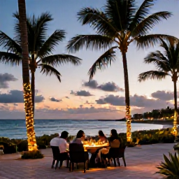 Caribbean Holidays, Jamaica December Tours, Elegant Jamaican resort beach at sunset with guests dining outdoors beneath palm trees and soft festive lights