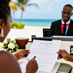 Caribbean Holidays, Jamaica December Weddings, A couple reviewing wedding documents with a Jamaican wedding coordinator at a bright tropical resort desk