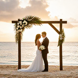 Caribbean Holidays, Jamaica December Weddings, A joyful beach wedding in Jamaica at sunset, with the bride and groom standing beneath a simple tropical arch beside the sea
