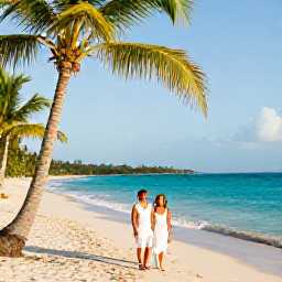 Caribbean Holidays, Jamaica December Weddings, A newly married couple walking along a palm-fringed Jamaican beach with turquoise water and bright afternoon sunlight