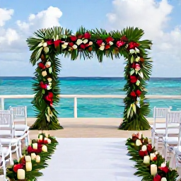 Caribbean Holidays, Jamaica December Weddings, An elegant Jamaican resort wedding reception on a terrace, decorated with tropical flowers, candles and views of the Caribbean Sea