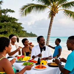 Caribbean Holidays, Jamaica December Weddings, Wedding guests enjoying a relaxed Jamaican beach celebration with colourful Caribbean food, music and palm trees