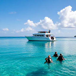 Caribbean Holidays, Jamaica Diving December, Friendly Jamaican dive boat carrying scuba divers towards a calm reef near Montego Bay on a sunny December morning