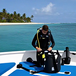 Caribbean Holidays, Jamaica Diving December, Scuba diver preparing equipment beside a Jamaican dive boat, with palm-fringed coastline and calm Caribbean sea in the background