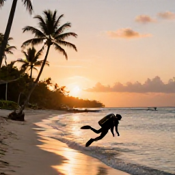 Caribbean Holidays, Jamaica Diving July, A relaxed Jamaican beach at sunset with a scuba diver carrying fins near the water, palm trees and warm golden light