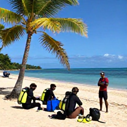 Caribbean Holidays, Jamaica Diving July, A small group of scuba divers preparing equipment beside a sunny Jamaican beach, with palm trees, calm blue sea and a friendly dive instructor