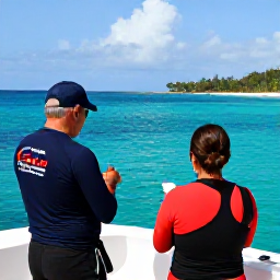 Caribbean Holidays, Jamaica Diving July, Jamaican dive guide briefing holidaymakers on a boat before a morning scuba dive, with bright sea, coastline and tropical sky behind them