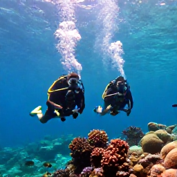 Caribbean Holidays, Jamaica Diving July, Scuba divers exploring a colourful coral reef in clear turquoise Jamaican water during July, with tropical fish and sunlight filtering from the surface