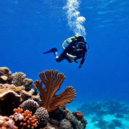 Caribbean Holidays, Jamaica Diving July, Underwater view of a Jamaican coral reef with tropical fish, sea fans and a scuba diver hovering calmly above the seabed