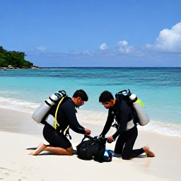 Caribbean Holidays, Jamaica Diving March, Scuba divers checking equipment on a sunny Jamaican beach beside calm turquoise sea