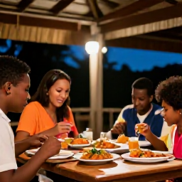 Caribbean Holidays, Jamaica Family Holidays, A family enjoying an evening meal at a relaxed Jamaican restaurant, colourful local dishes, warm lights and friendly island atmosphere