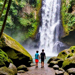 Caribbean Holidays, Jamaica Family Holidays, A family exploring a Jamaican waterfall surrounded by lush green forest, with safe pathways and warm tropical light