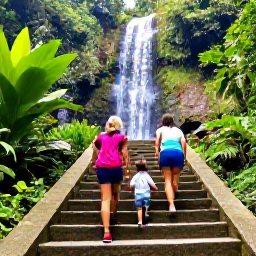 Caribbean Holidays, Jamaica Family Holidays, A family exploring Dunn's River Falls in Jamaica, climbing natural stone terraces surrounded by lush green tropical vegetation