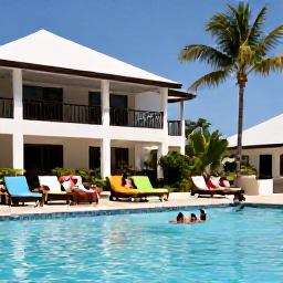 Caribbean Holidays, Jamaica Family Holidays, A family-friendly Jamaican resort with a swimming pool, colourful loungers and parents enjoying a relaxed afternoon with children