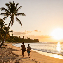 Caribbean Holidays, Jamaica Family Holidays, A family walking along a quiet Jamaican beach at sunset, with palm trees, calm sea and warm golden light