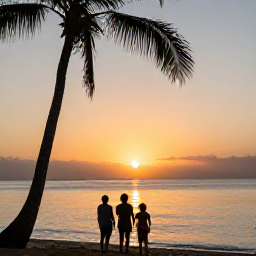 Caribbean Holidays, Jamaica Family Holidays, A family watching a colourful Jamaican sunset beside the sea, golden sky, palm silhouettes and calm evening water