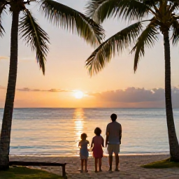 Caribbean Holidays, Jamaica Family Holidays, A family watching a golden sunset over the Jamaican coastline, with palm trees, calm sea and warm evening light