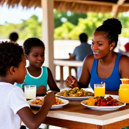 Caribbean Holidays, Jamaica Family Holidays, A friendly family enjoying Jamaican food at an outdoor restaurant, with colourful local dishes and a relaxed island atmosphere