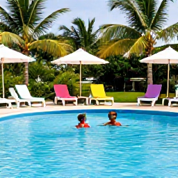 Caribbean Holidays, Jamaica Family Holidays, A friendly Jamaican family enjoying a shaded resort pool with colourful loungers, palm trees and a relaxed Caribbean atmosphere