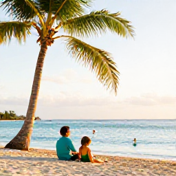 Caribbean Holidays, Jamaica Family Holidays, A happy family relaxing on a bright Jamaican beach in January, with palm trees, calm turquoise sea and soft golden sunshine