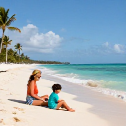 Caribbean Holidays, Jamaica Family Holidays, A happy family relaxing on a sunny Jamaican beach in July, calm turquoise sea, soft white sand and palm trees
