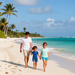 Caribbean Holidays, Jamaica Family Holidays, A happy family walking along a sunny Jamaican beach in February, with turquoise sea, soft sand and palm trees
