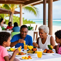Caribbean Holidays, Jamaica Family Holidays, A Jamaican family sharing a colourful meal at an outdoor restaurant, with tropical fruit, jerk chicken and a relaxed island setting