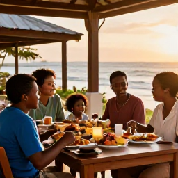 Caribbean Holidays, Jamaica Family Holidays, A Jamaican family sharing an evening meal at a relaxed outdoor restaurant, with colourful local food and warm sunset light
