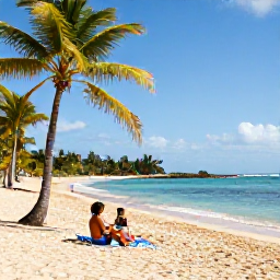 Caribbean Holidays, Jamaica Family Holidays, A relaxed family enjoying a sunny Jamaican beach in November, with palm trees, calm turquoise water and soft golden sand