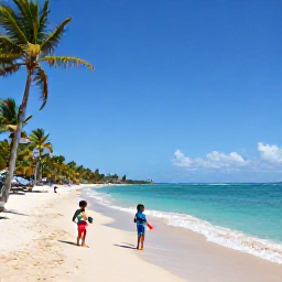 Caribbean Holidays, Jamaica Family Holidays, A relaxed family enjoying a sunny Jamaican beach in September, with turquoise sea, palm trees and children playing safely by the shore