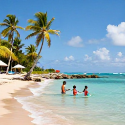 Caribbean Holidays, Jamaica Family Holidays, A relaxed family scene on a bright Jamaican beach, with parents and children paddling in clear shallow Caribbean water beside palm trees