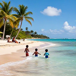 Caribbean Holidays, Jamaica Family Holidays, A relaxed family scene on a sunny Jamaican beach in October, with children paddling in clear shallow water and parents sitting beneath palm trees