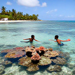 Caribbean Holidays, Jamaica Family Holidays, Children and parents snorkelling in clear Jamaican water near a colourful coral reef, with a calm beach and tropical coastline in the background