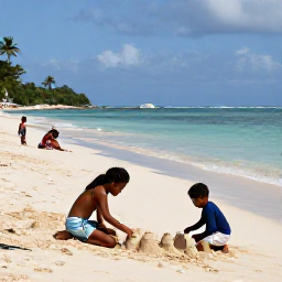 Caribbean Holidays, Jamaica Family Holidays, Children building sandcastles and parents relaxing on a wide golden beach in Negril, Jamaica, with calm turquoise sea and gentle sunshine