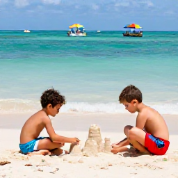 Caribbean Holidays, Jamaica Family Holidays, Children building sandcastles beside parents on a safe sandy beach in Jamaica, with clear shallow water and colourful beach umbrellas