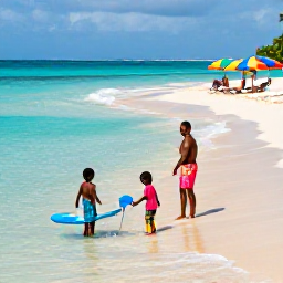 Caribbean Holidays, Jamaica Family Holidays, Children paddling in shallow clear Caribbean water beside parents on a sandy Jamaican beach, with colourful umbrellas and gentle waves
