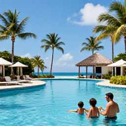 Caribbean Holidays, Jamaica Family Holidays, Comfortable family-friendly Jamaican resort with a swimming pool, palm trees and sunny March skies, showing parents and children enjoying a relaxed holiday