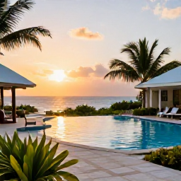 Caribbean Holidays, Jamaica Family Holidays, Comfortable family resort in Jamaica at sunset, with a swimming pool, tropical gardens and the Caribbean Sea beyond