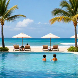 Caribbean Holidays, Jamaica Family Holidays, Families enjoying a calm Jamaican resort pool beside the beach, with children playing and adults relaxing under umbrellas