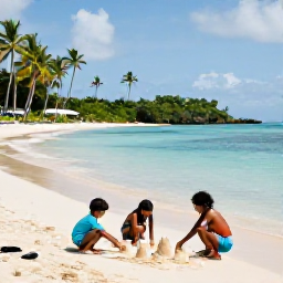 Caribbean Holidays, Jamaica Family Holidays, Families swimming and building sandcastles on a calm Jamaican beach, palm trees, clear water and a relaxed holiday atmosphere
