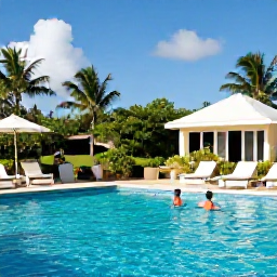 Caribbean Holidays, Jamaica Family Holidays, Family enjoying a calm morning at a Jamaican resort, children in a swimming pool, parents nearby, tropical gardens and bright blue sky